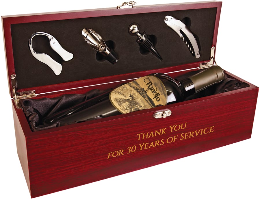 WBX12 Personalized Laserable Rosewood Finish Single Wine Box with Tools & Black Lining Personalized Laserable Rosewood Finish Single Wine Box with Tools & Black Lining