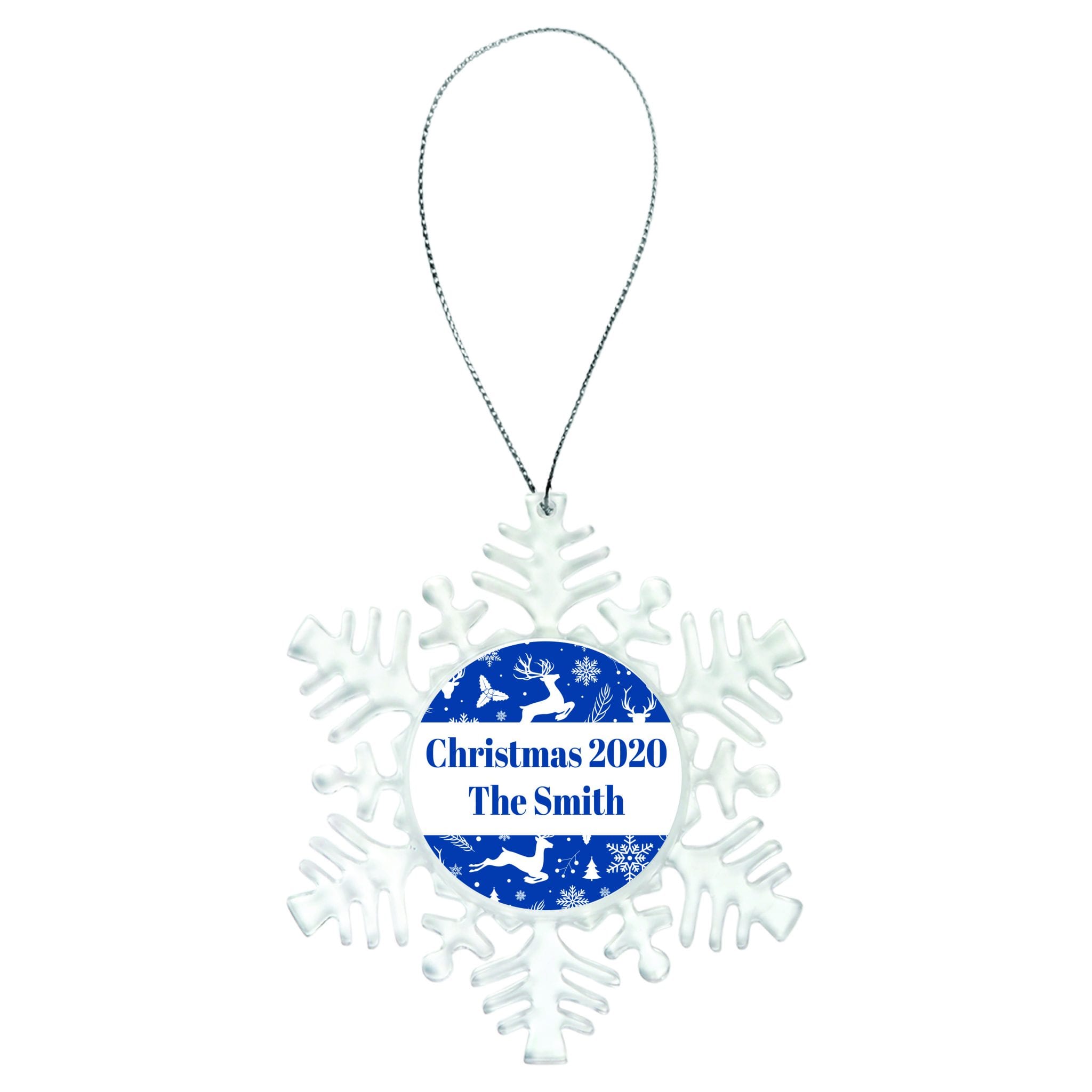 Blue and white deer and stars personalized scaled Personalized Blue Deers and Stars Snowflake Christmas Ornament Personalized Blue Deers and Stars Snowflake Christmas Ornament
