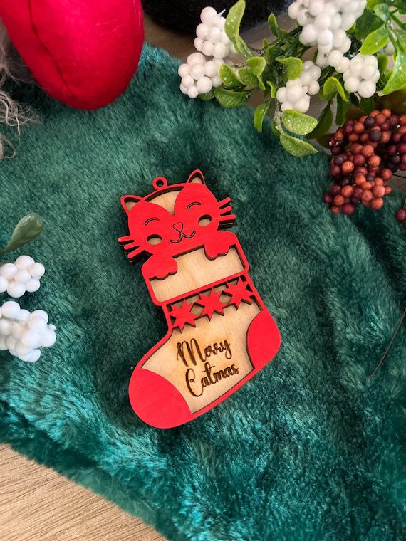 Merry Catmas Christmas Cat Ornament, Cat Stocking Ornament, Cat Mom Gift Merry Catmas Christmas Cat Ornament, Cat Stocking Ornament, Cat Mom Gift